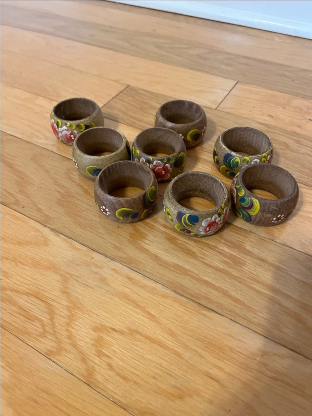 Hand-Painted Wooden Napkin Ring Set with Floral Design